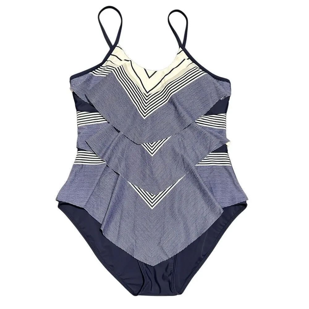 Women’s Size 2XL Tiered Ruffle One Piece Swimsuit Navy Blue White Striped Slimmi